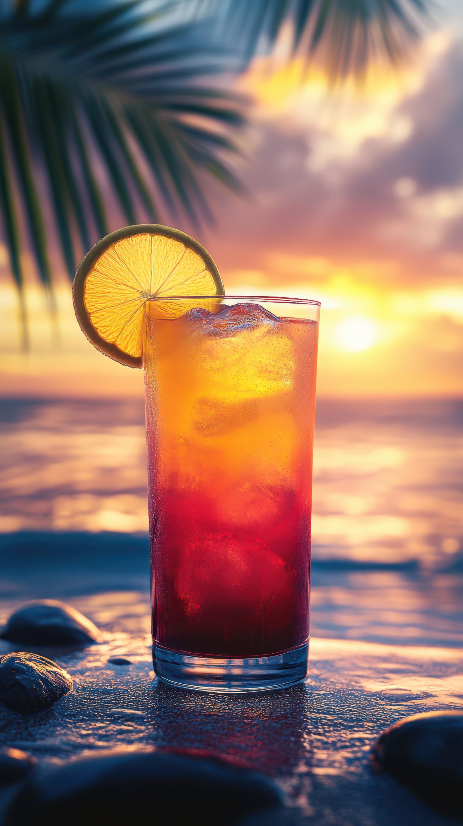 Refreshing tropical drink served at sunset on a beach with a slice of lime
